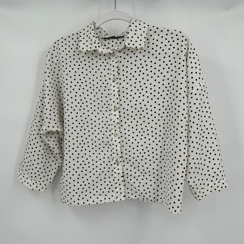 Womens Polka Dot Minimalist Button Shirt Sz 12 Retro Mod Cottage Noir Rockabilly
